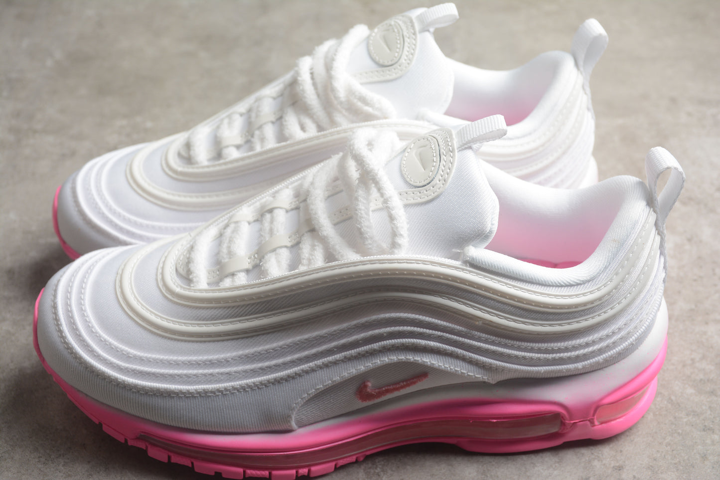 Nike Air Max 97 SE ‘Chenille Swoosh - Pink Foam’ close up both