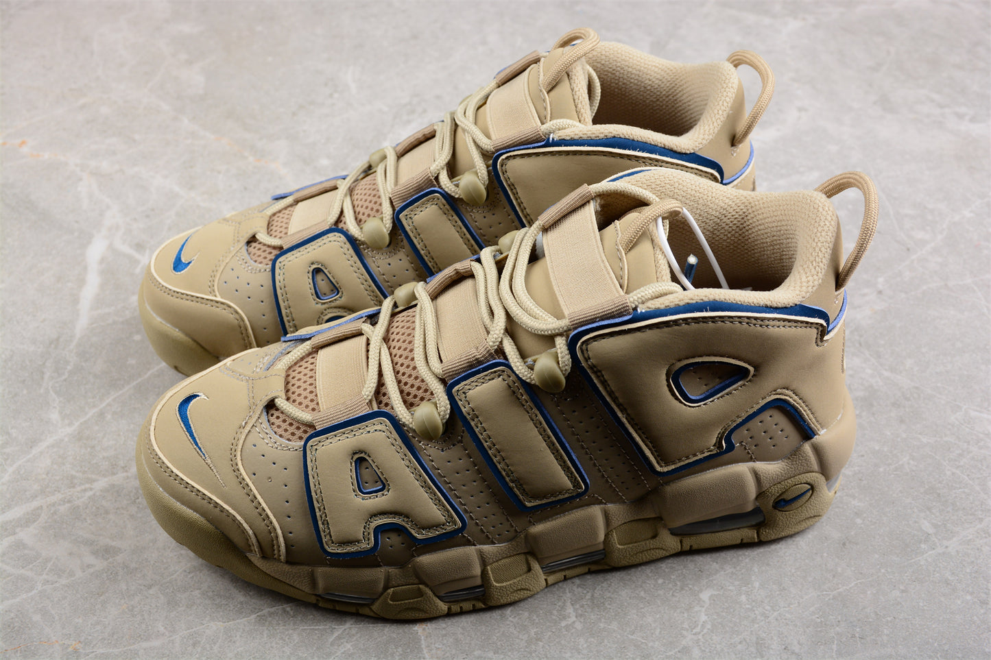 Nike Air More Uptempo ‘96 Limestone and Valerian Blue’ close up both
