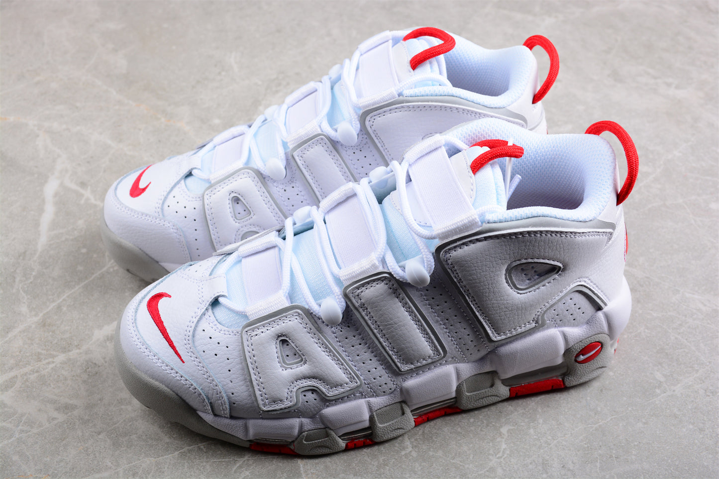Nike Air More Uptempo ‘96 White Grey Red’ close up both