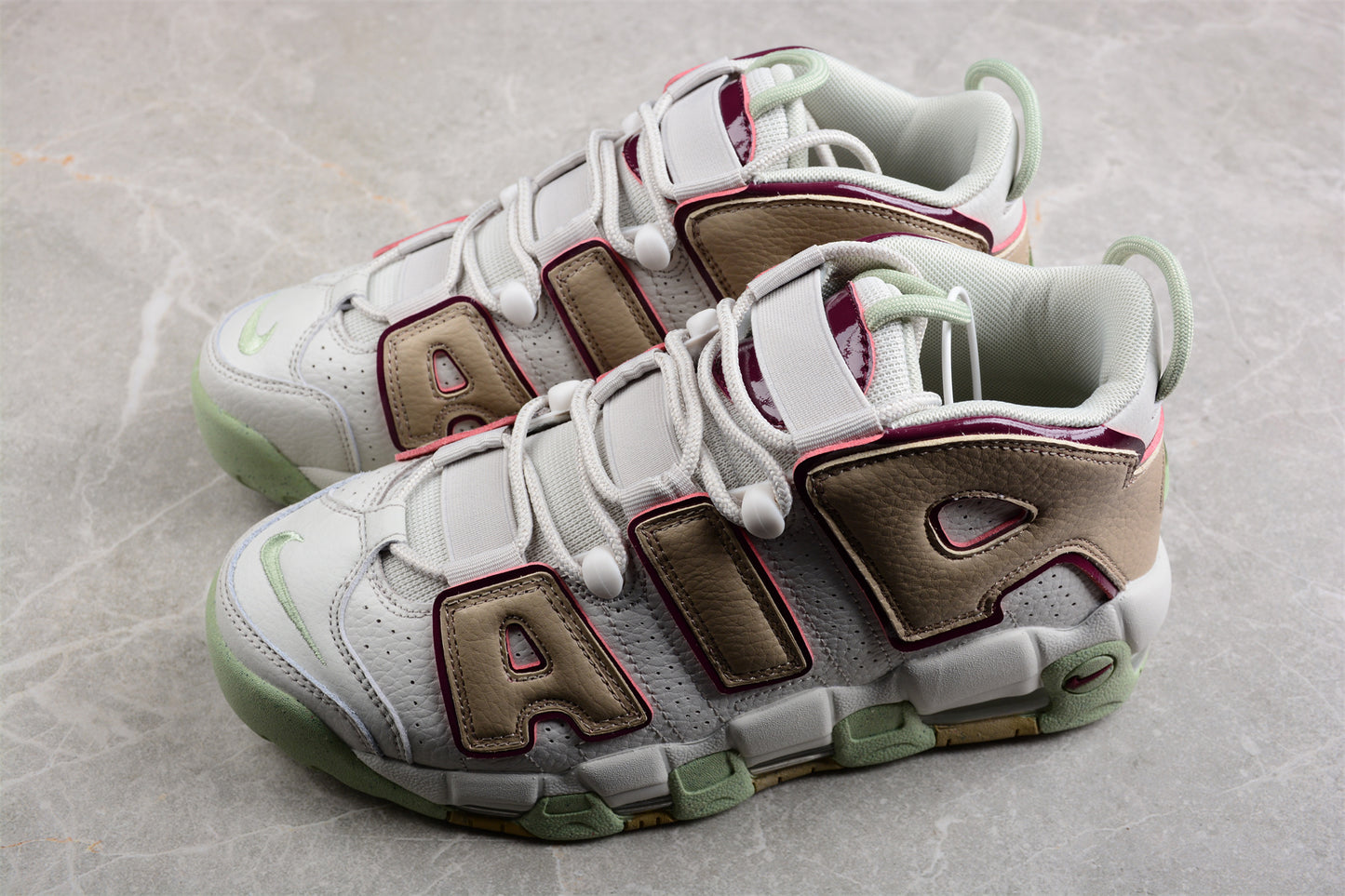 Nike Air More Uptempo Light Bone/Dark Beetroot close up both