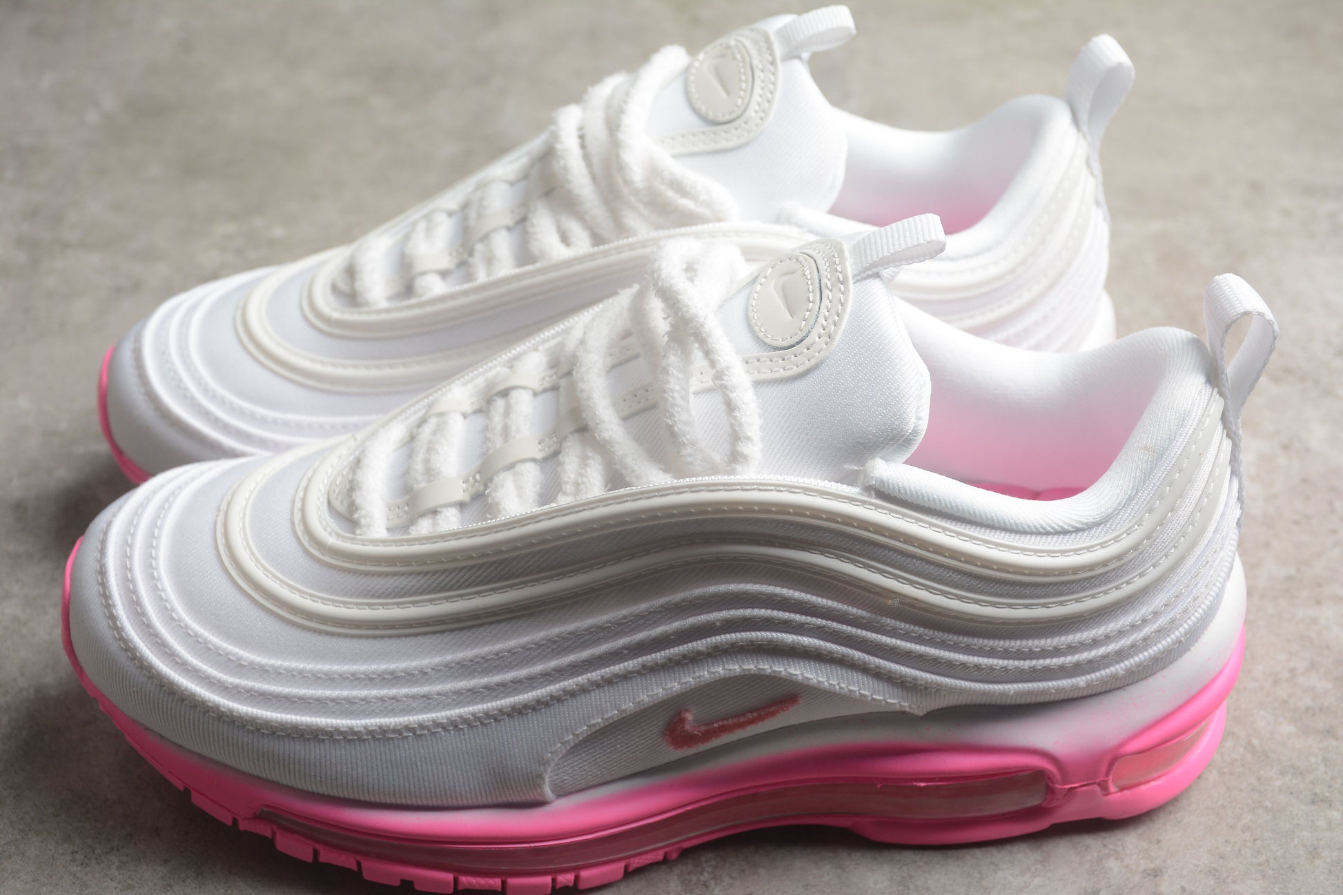 Nike Air Max 97 SE ‘Chenille Swoosh - Pink Foam’ close up both