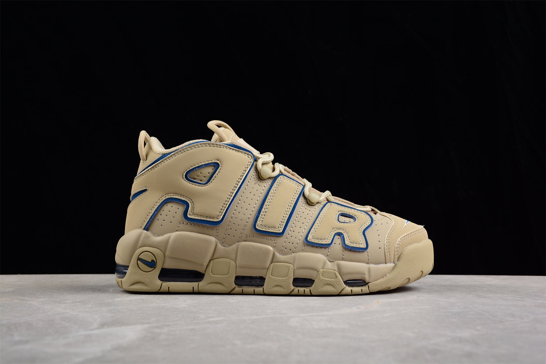 Nike Air More Uptempo ‘96 Limestone and Valerian Blue’ close up right