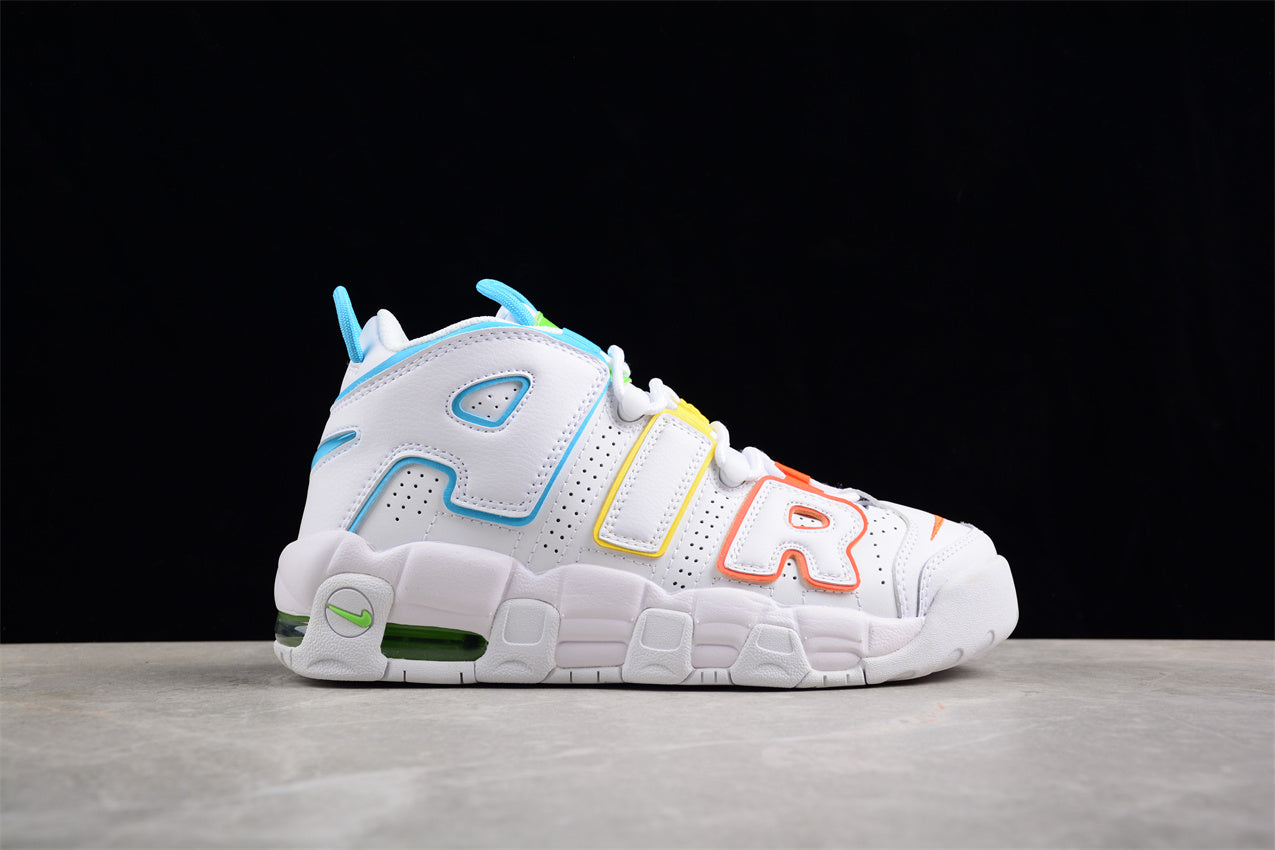 Nike Air More Uptempo BG White/Baltic Blue-Opti Yellow close up right